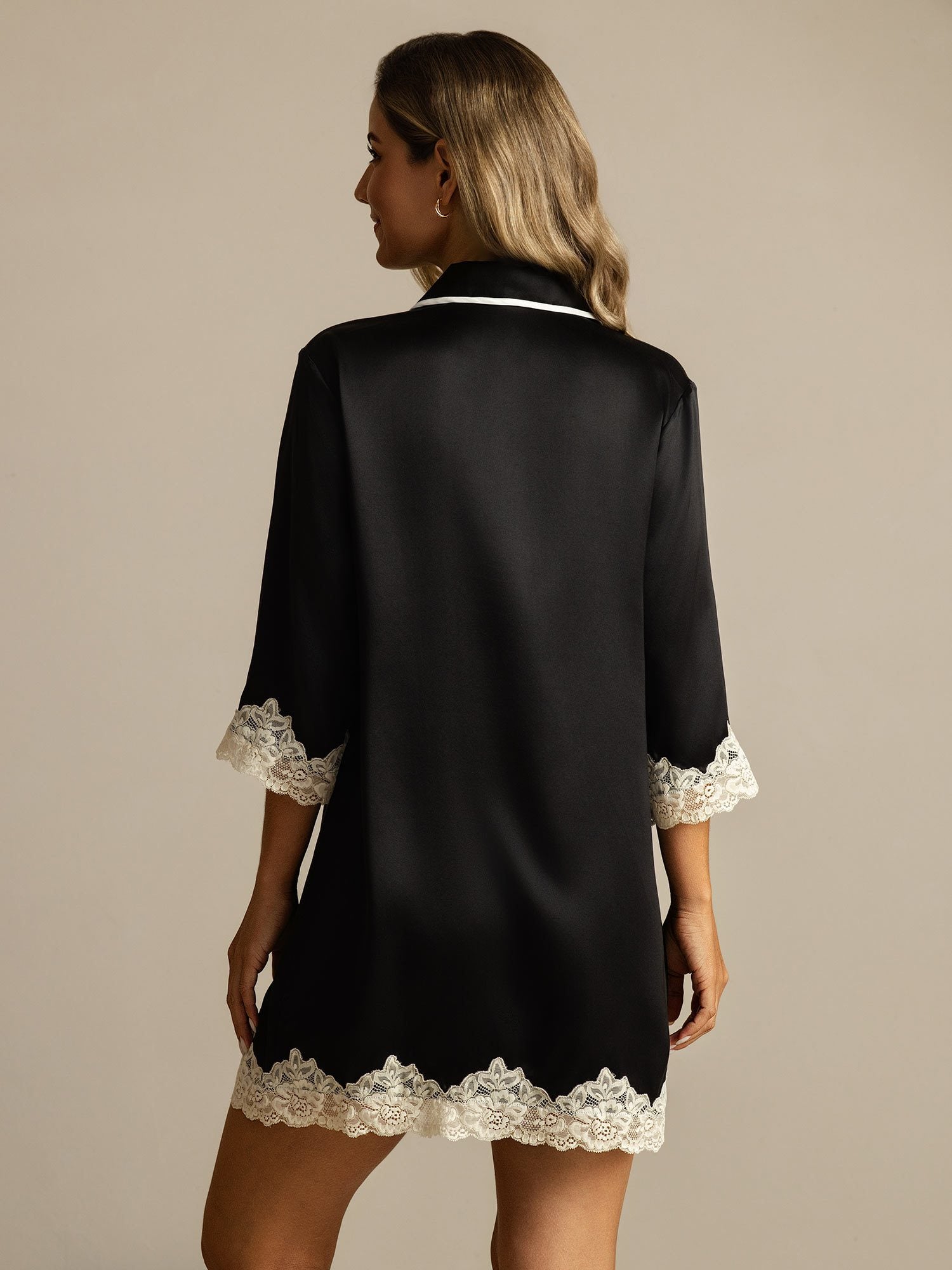 [Nero] SilkSilky-IT Seta pura Colletto risvolto Camicia da notte 002