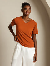 [Arancia] SilkSilky-IT Short Sleeve V Neck Magliette donna 007