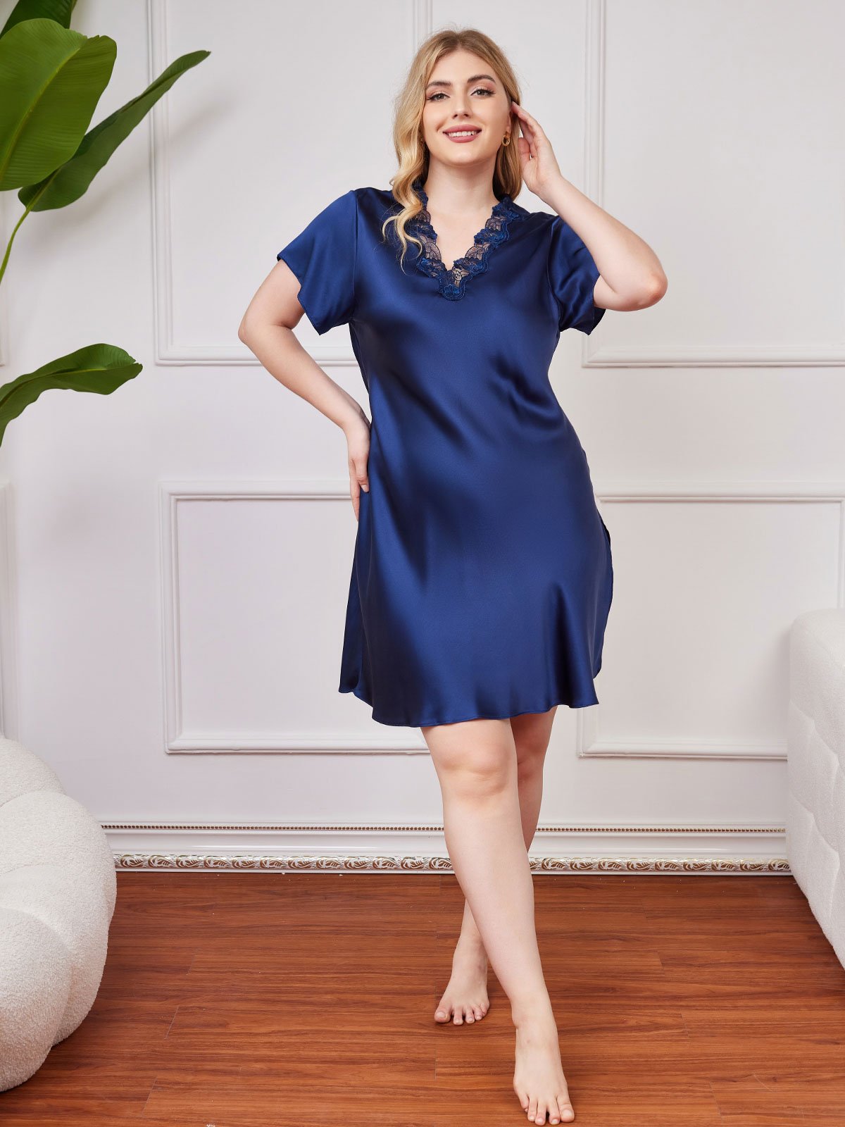 [Blu Scuro] SilkSilky-IT Seta pura Maniche Corte Collo a V Camicia da notte taglia grossa 004