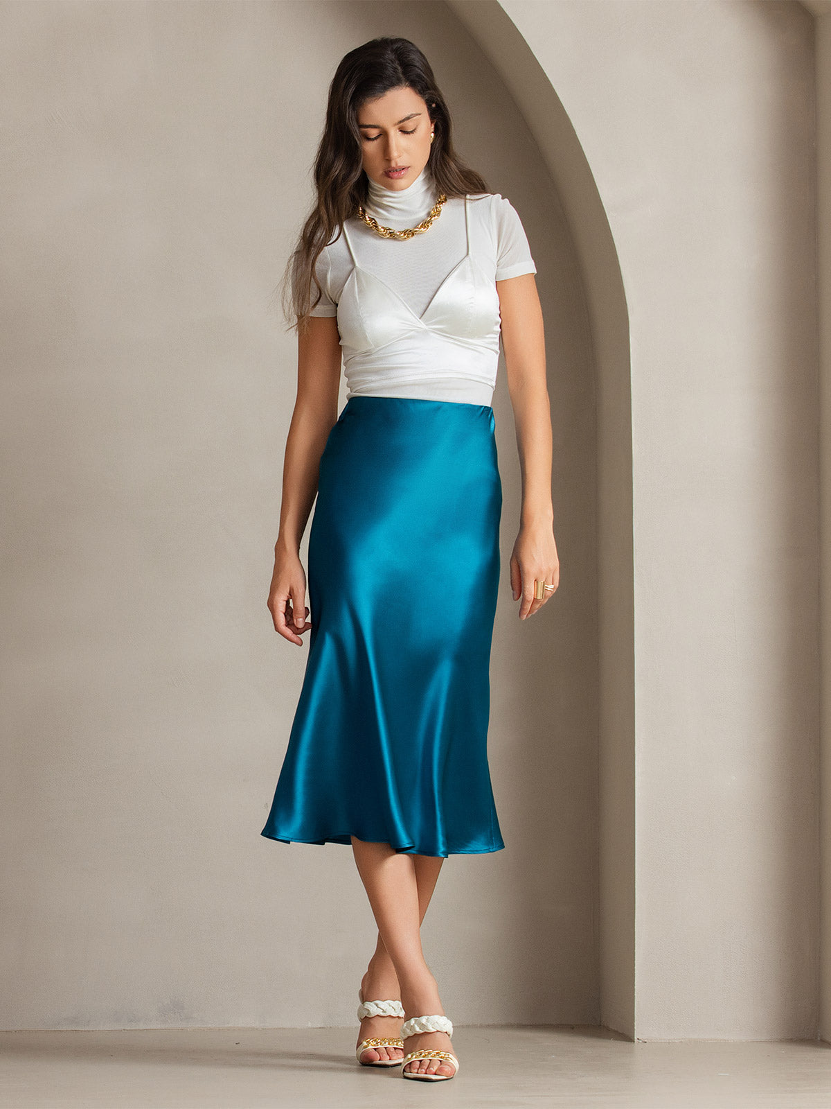 [Verde Acqua] SilkSilky-IT 19Momme Seta pura Skirt 006,