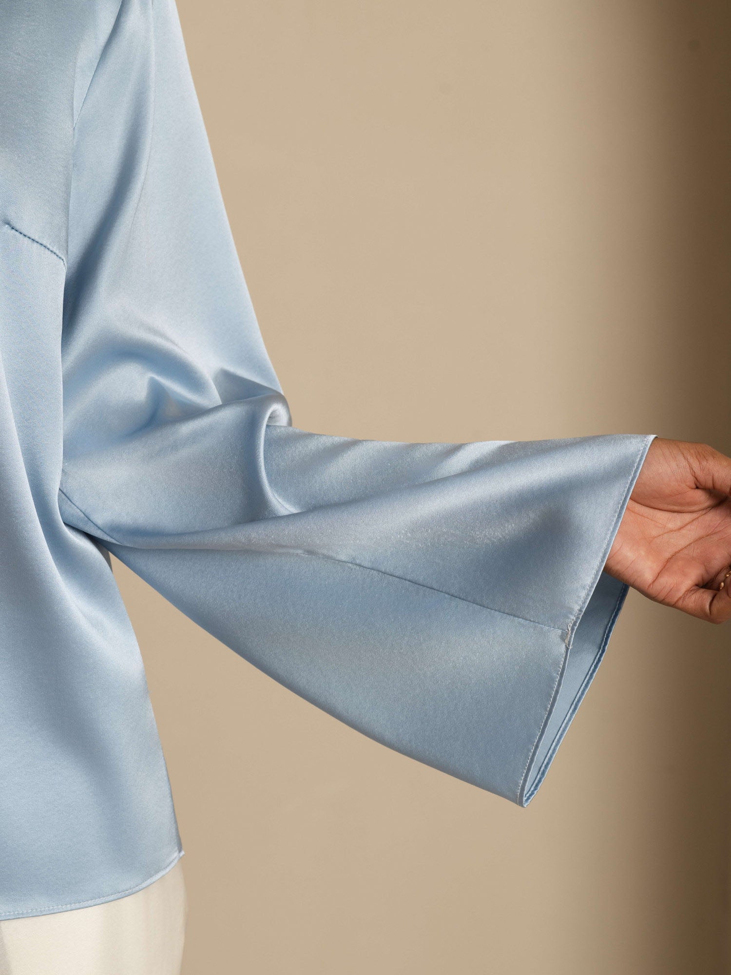 [Blu Grigiastro] SilkSilky-IT 19Momme Manica lunga Scollo barchetta Camicette 005