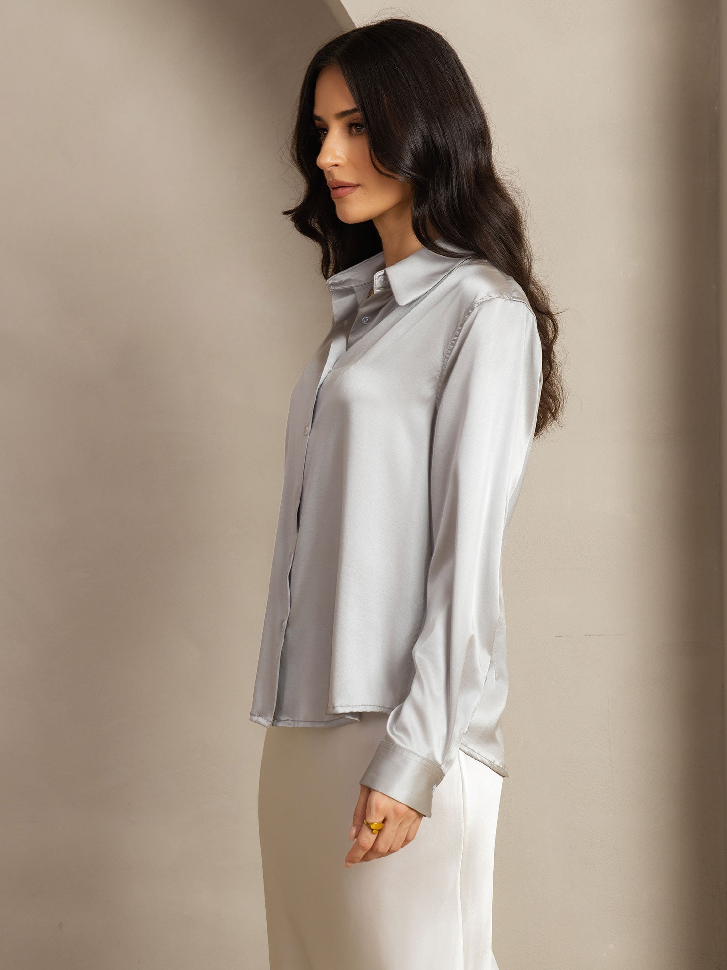 [Grigio Chiaro] SilkSilky-IT Seta Colletto risvolto Camicie da donna 003
