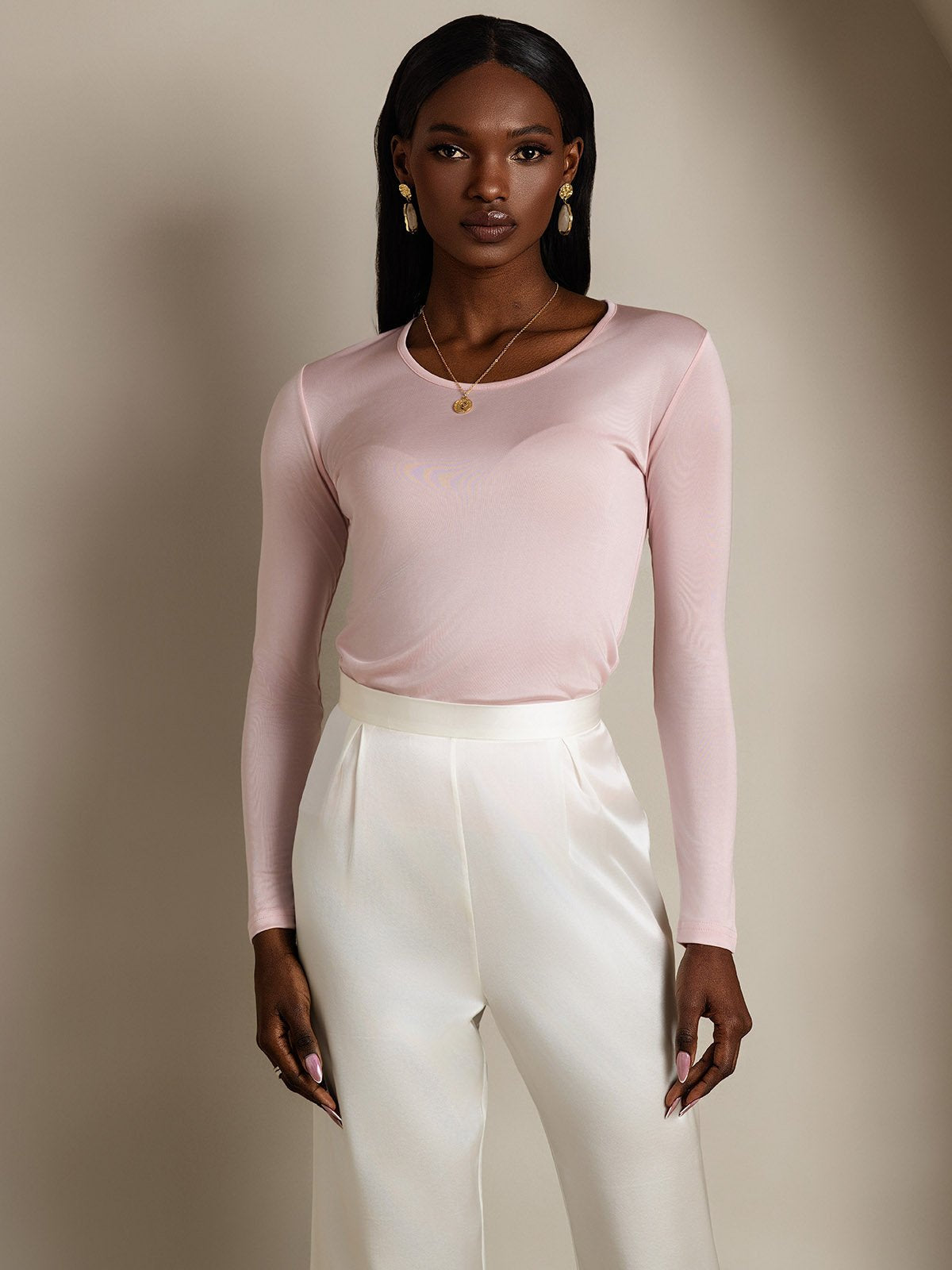 [Rosa Corallo] SilkSilky-IT Manica lunga Scollo rotondo Magliette donna 001