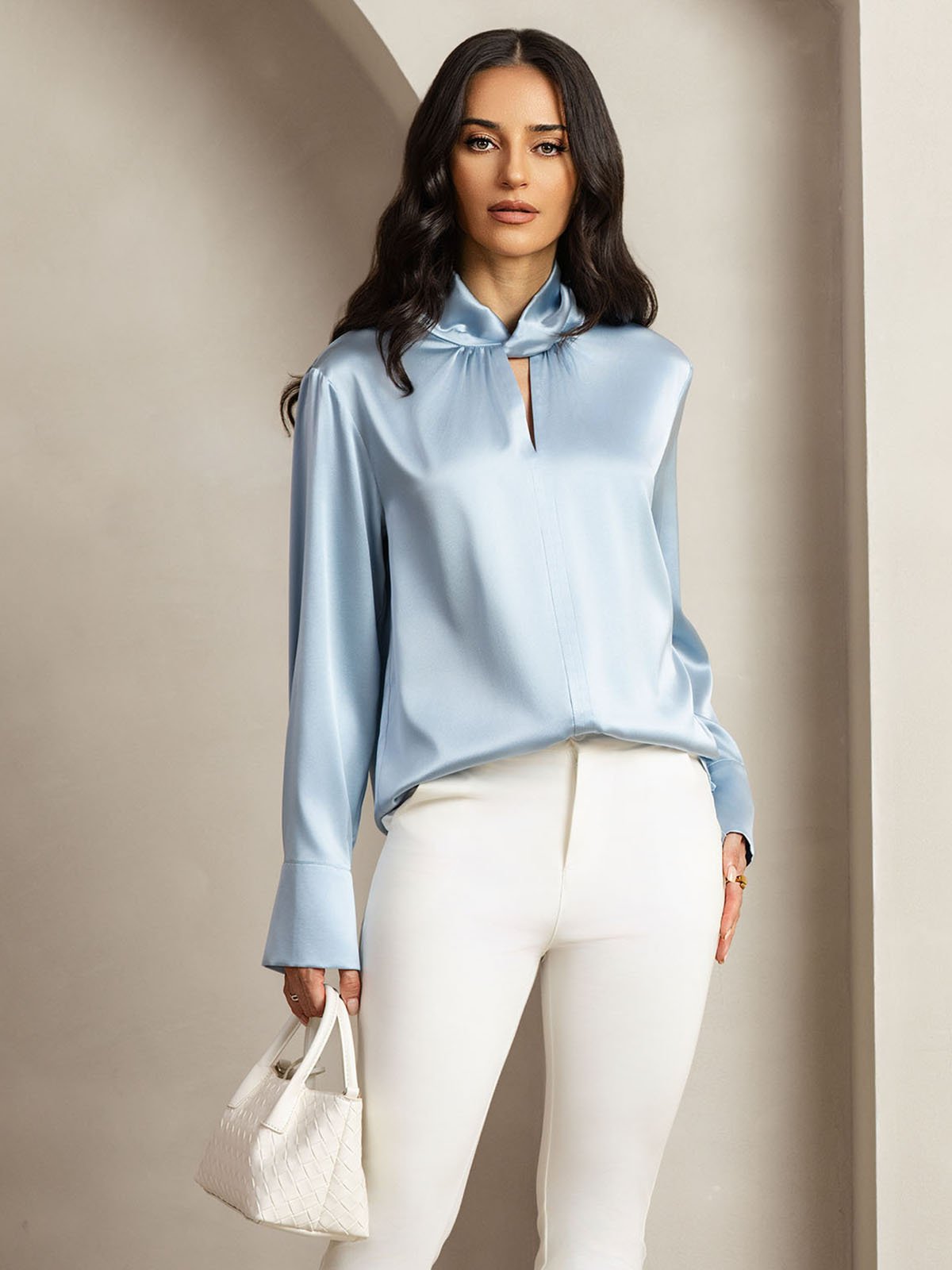 [Blu Grigiastro] SilkSilky-IT Long Sleeve Keyhole Neck Bluse 001