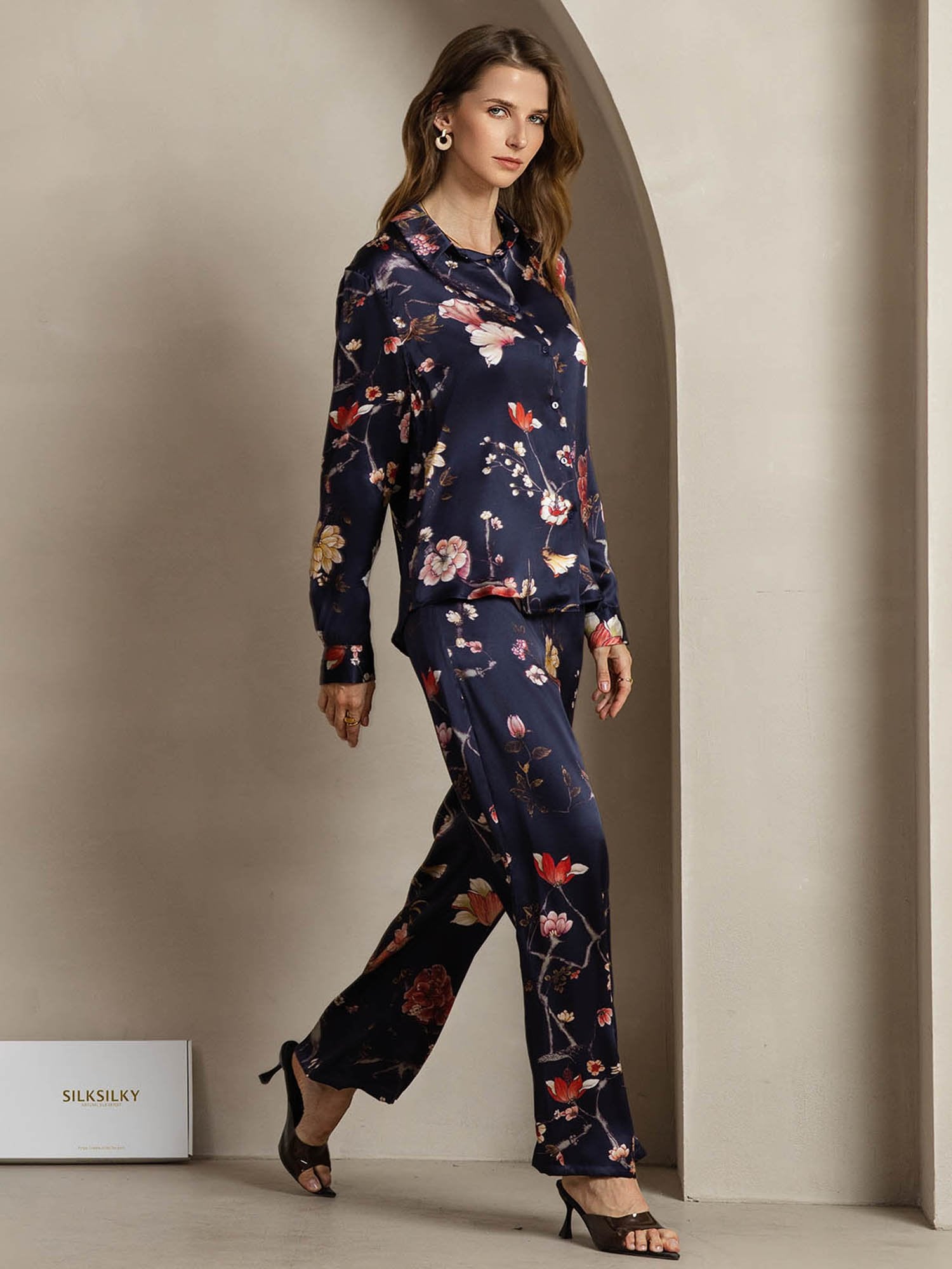 [FlorealeBluNavy] SilkSilky-IT 19Momme Seta Colletto risvolto Women''s Outfit Sets 005