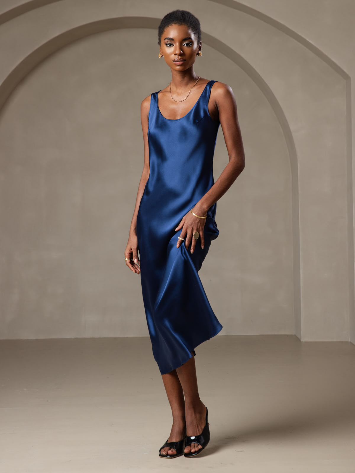 [Blu Scuro] SilkSilky-IT Senza maniche Scollo A Coppa Vestiti da donna 006