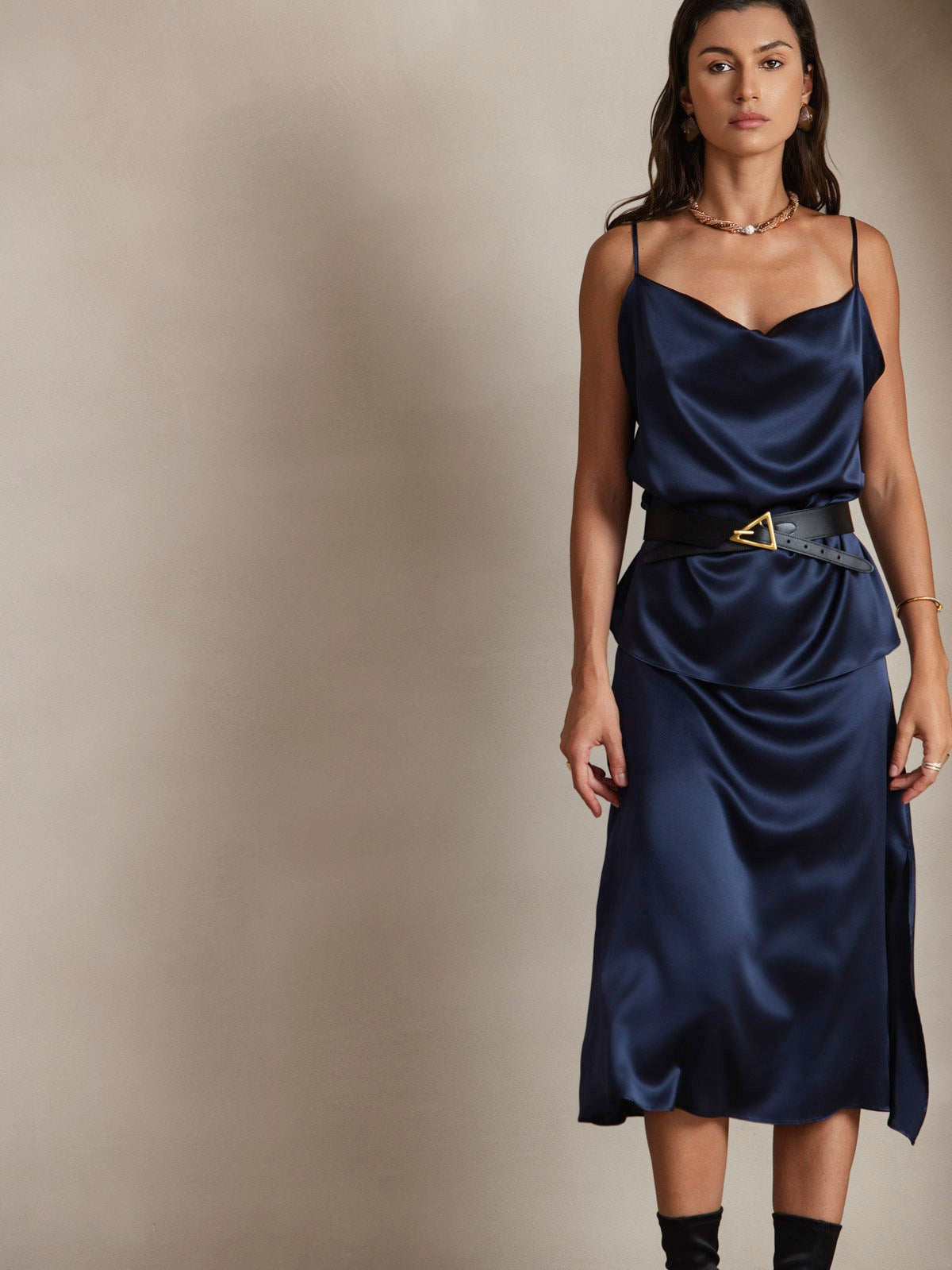 [Blu Scuro] SilkSilky-IT 19Momme Tirantes Finos Collo drappeggiato Cami 003