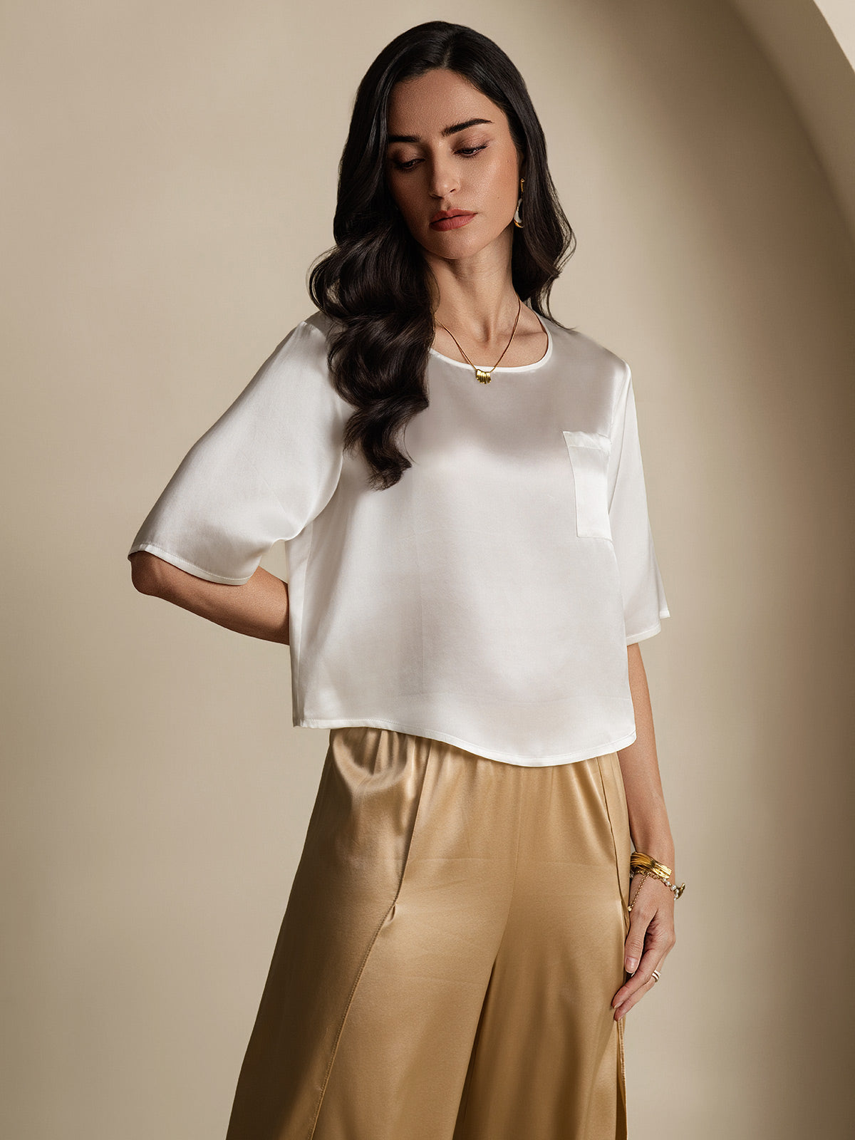 [Bianco] SilkSilky-IT Manga media Scollo A Coppa Magliette donna 006