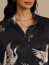 [Nero] SilkSilky-IT 19Momme Manica lunga Colletto con Revers Camicie da donna 007