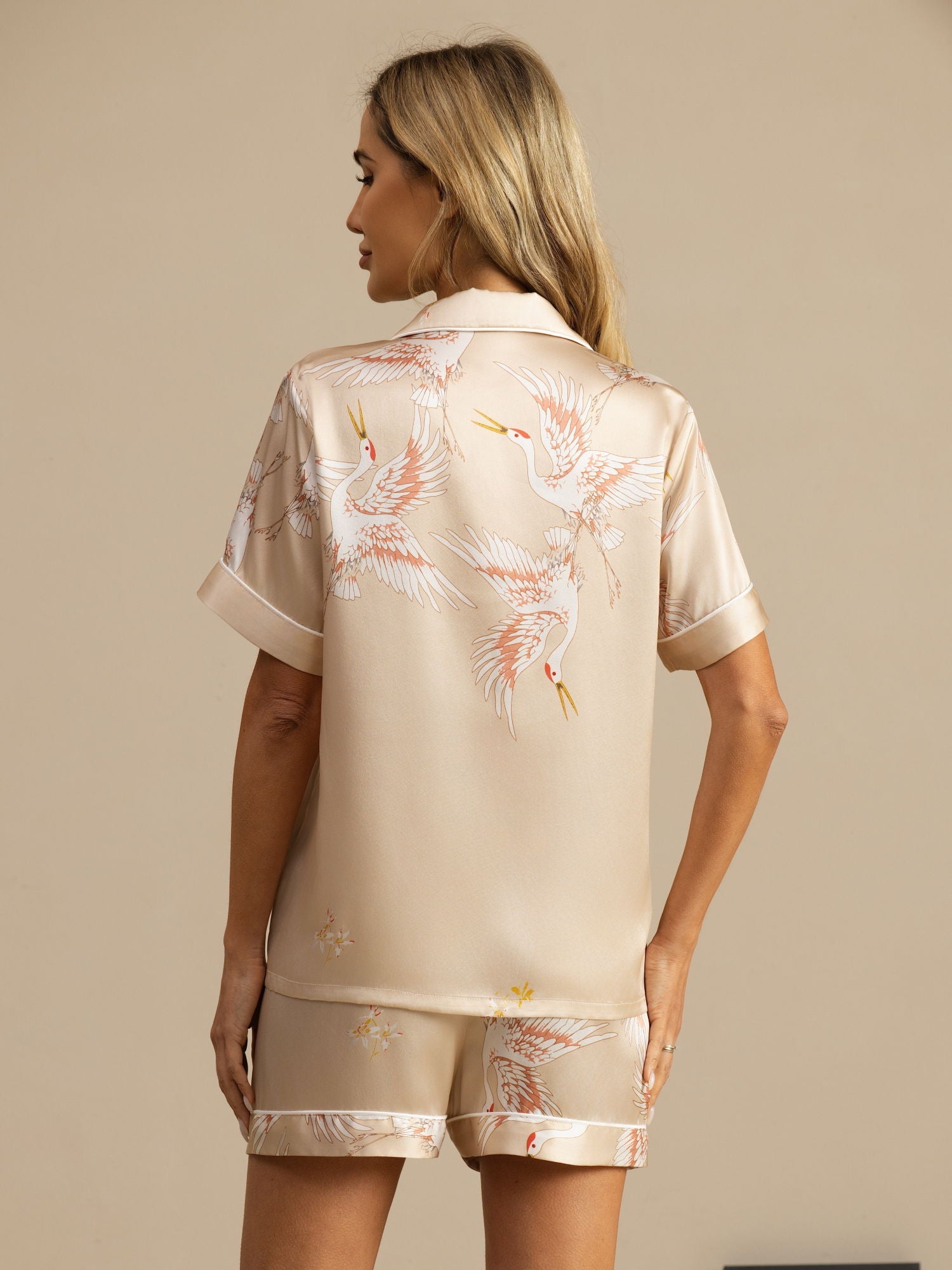 [Champagne] SilkSilky-IT 19Momme Maniche Corte Collo a Taglio Pigiami da donna 002