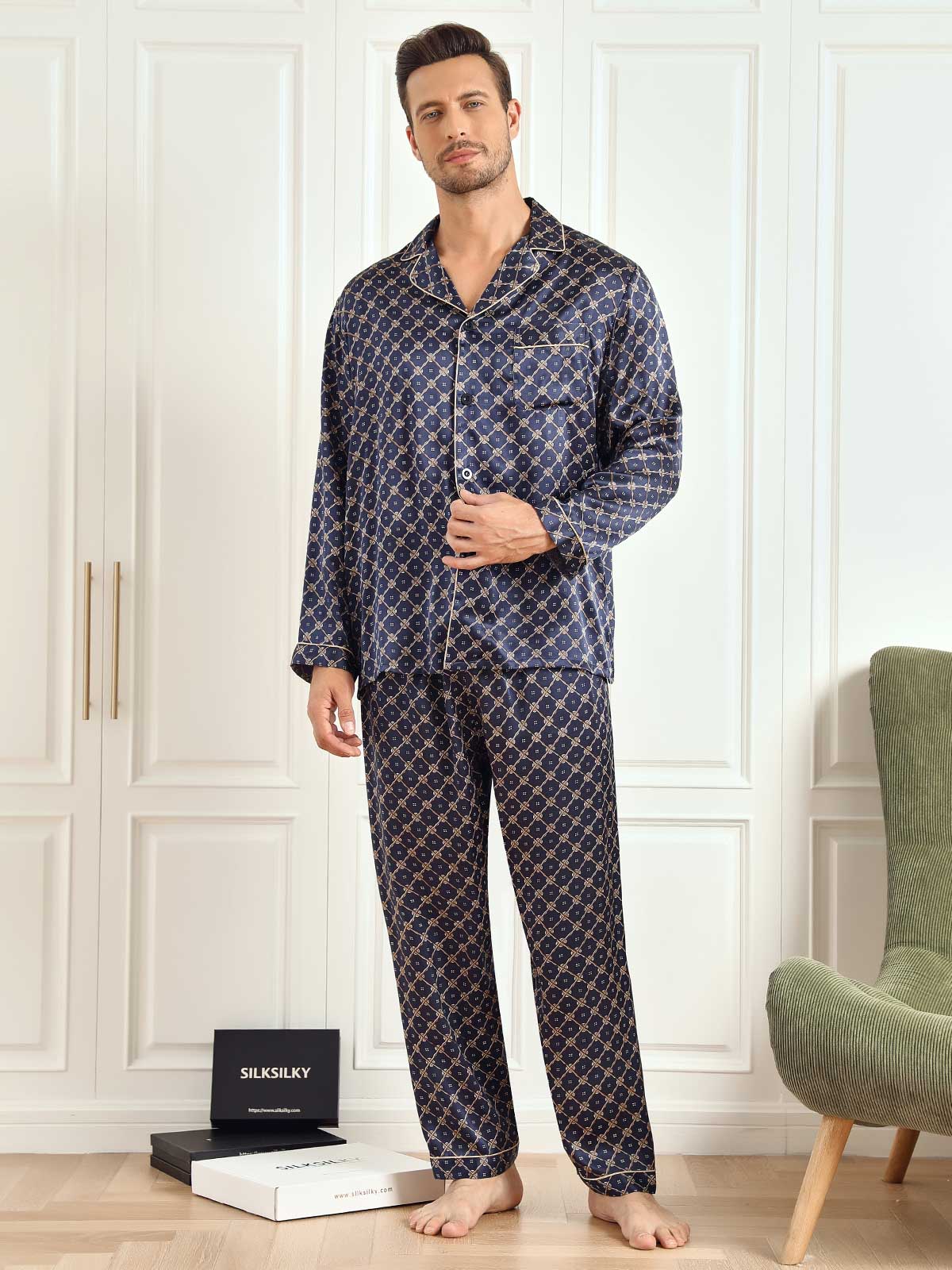 [Catena Blu Navy] SilkSilky-IT 19Momme Seta pura Mens Pajamas 004