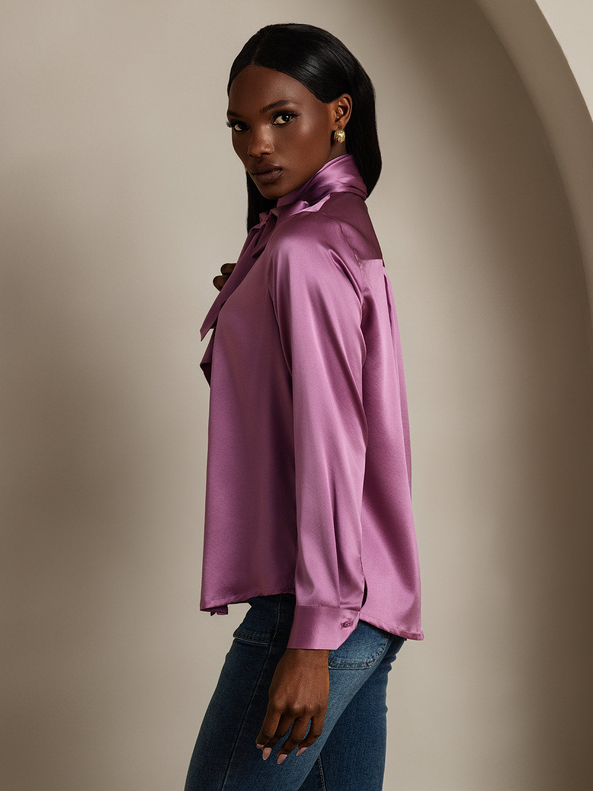 [Viola Scuro] SilkSilky-IT 19Momme Manica lunga Camicette 004