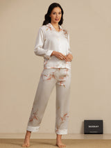 [Bianco] SilkSilky-IT 19Momme Manica lunga Collo a Taglio Pigiami da donna 006
