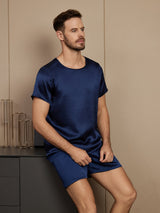 [Blu Scuro] SilkSilky-IT Seta pura Maniche Corte Round Neck Pigiami da uomo 004