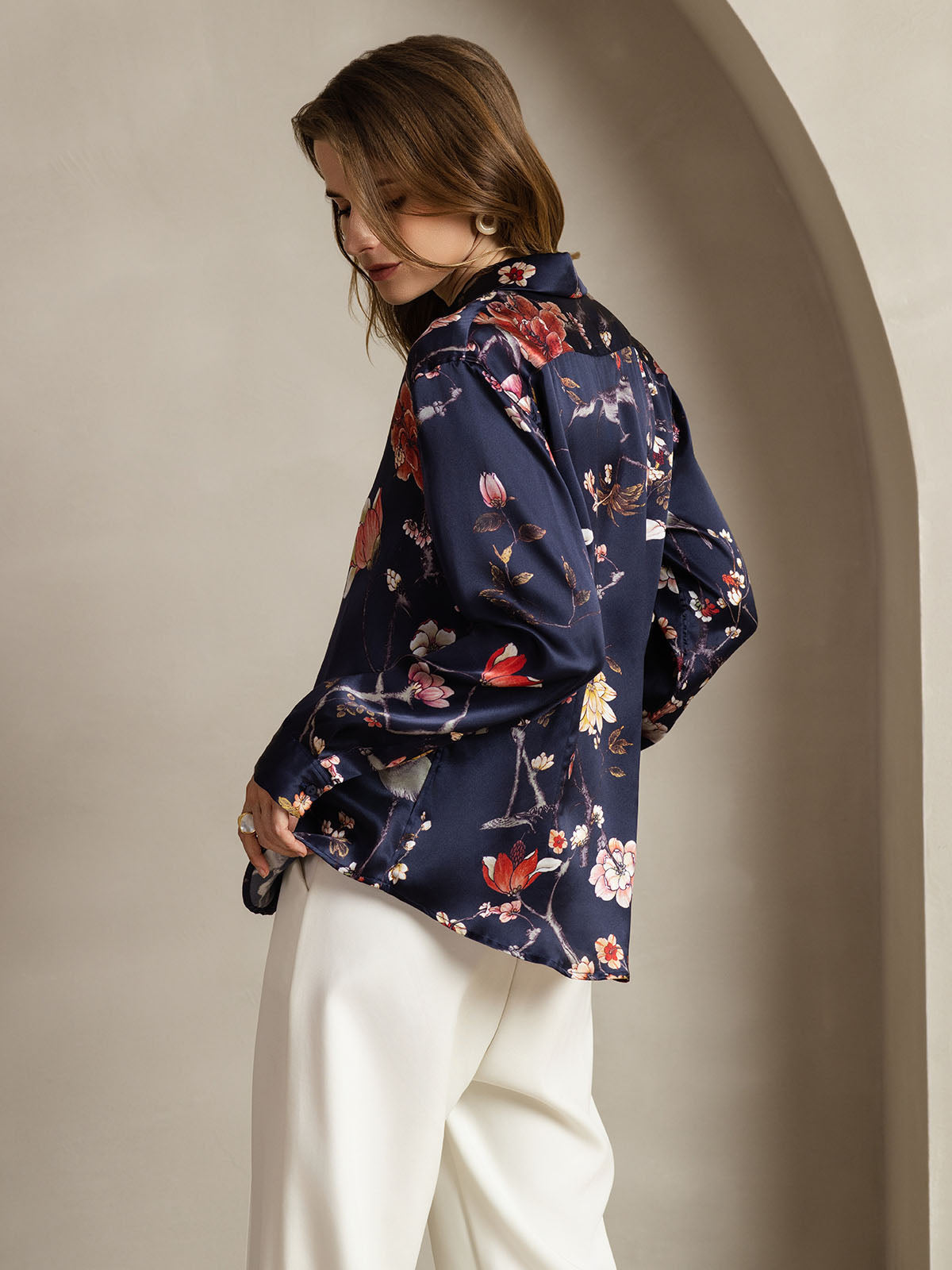 [Floreale Blu Navy] SilkSilky-IT Seta Colletto risvolto Camicie da donna 002