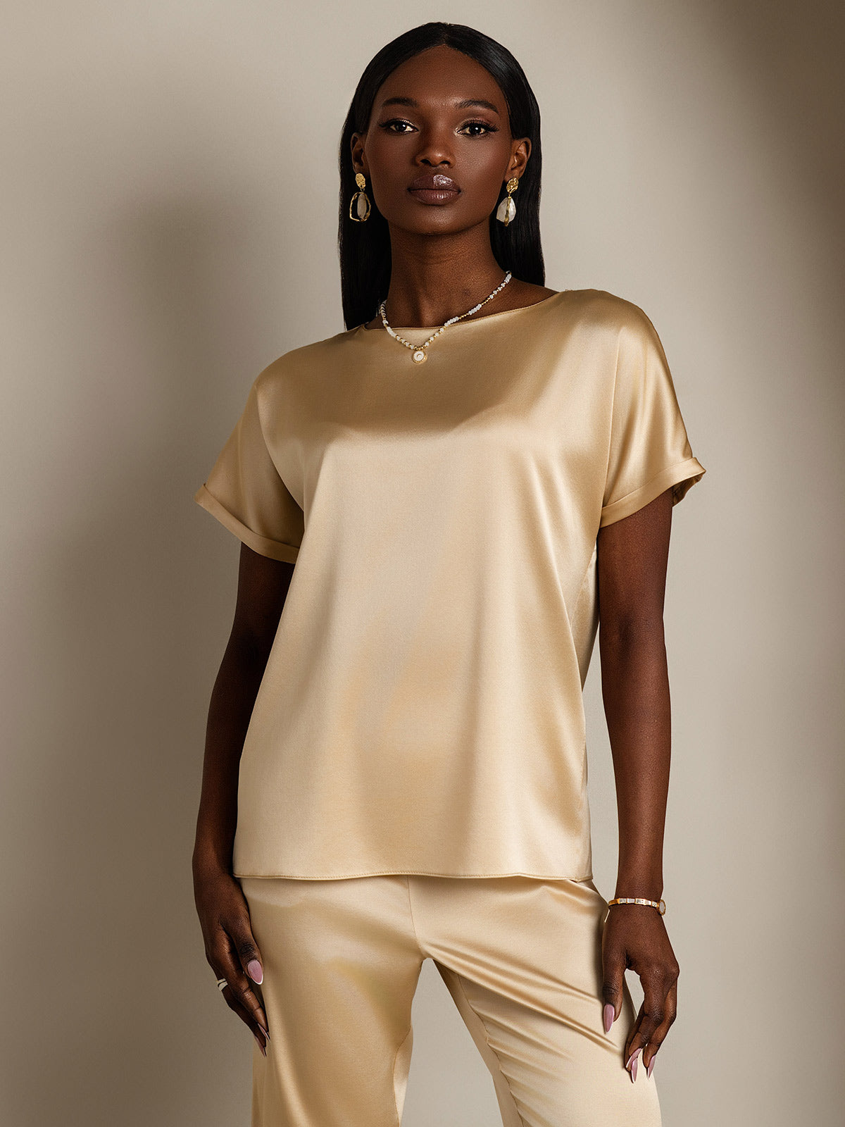 [Champagne] SilkSilky-IT 19Momme Seta Womens T-Shirt 001,