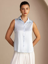[Azzurro] SilkSilky-IT Sleeveless Lapel Collar Camicie da donna 003