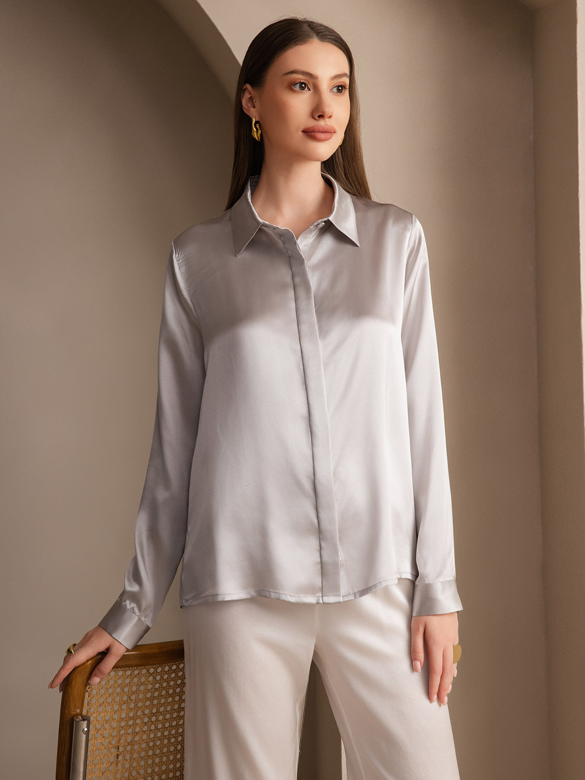 [Grigio Chiaro] SilkSilky-IT 19Momme Seta Lapel Collar Camicie da donna 001