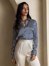 [Righe Navy] SilkSilky-IT Long Sleeve Lapel Collar Camicie da donna 006
