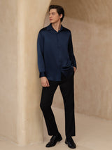 [Blu Scuro] SilkSilky-IT 19Momme Manica lunga Colletto con Revers Camicia da uomo 008