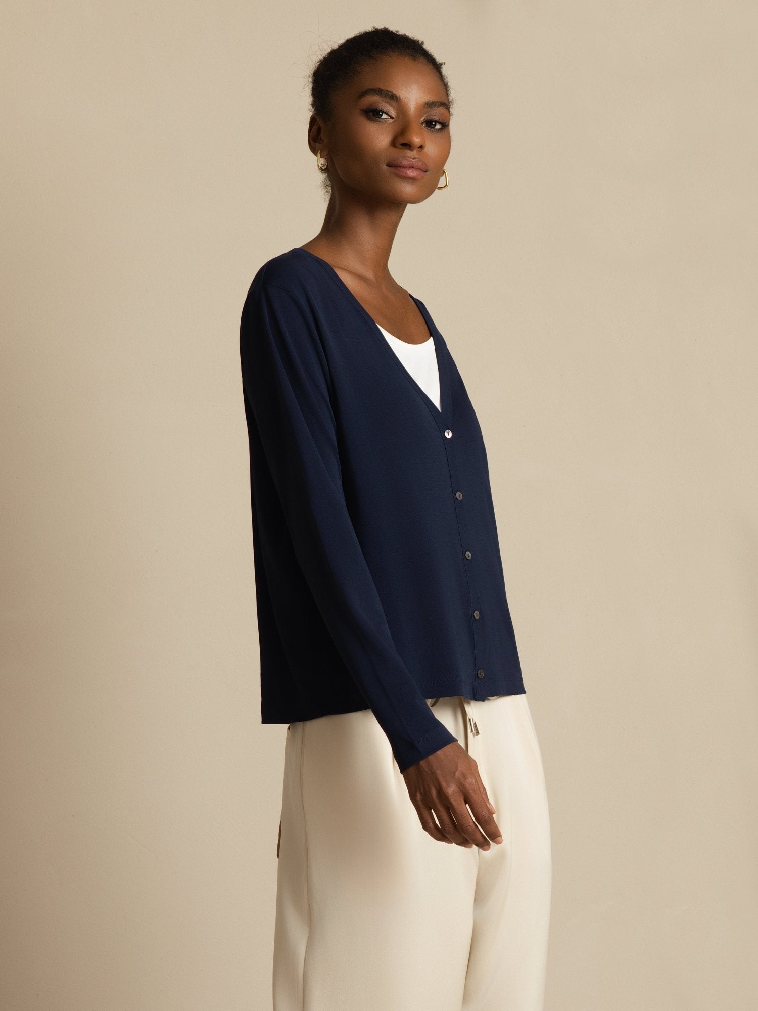 [BluScuro] SilkSilky-IT 19Momme Seta Manica lunga Scollo a V Cardigan Donna 006