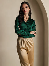 [Verde Scuro] SilkSilky-IT 19Momme Manica lunga Colletto con Revers Camicie da donna 007