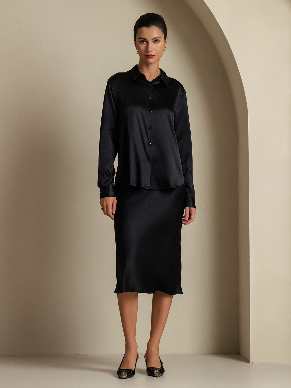 [Nero] SilkSilky-IT 19Momme Seta Colletto risvolto Women''s Outfit Sets 003,