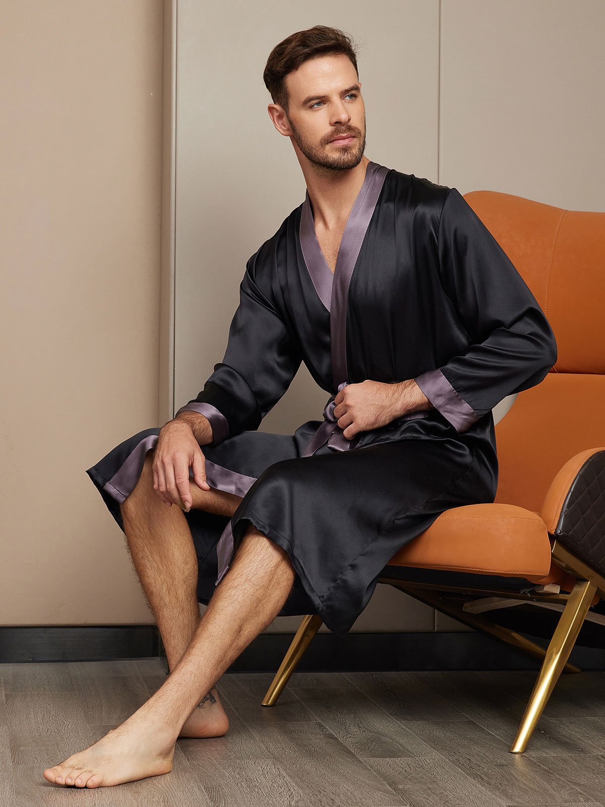 SilkSilky IT Seta pura Manica lunga Mens Robe Nero 004