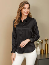 [Nero] SilkSilky-IT 19Momme Manica lunga Colletto con Revers Camicie da donna 001