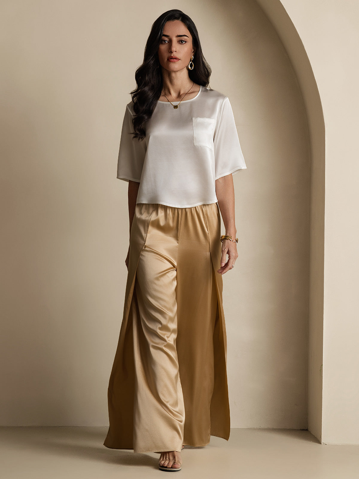 [Bianco] SilkSilky-IT Seta pura Womens T-Shirt 008