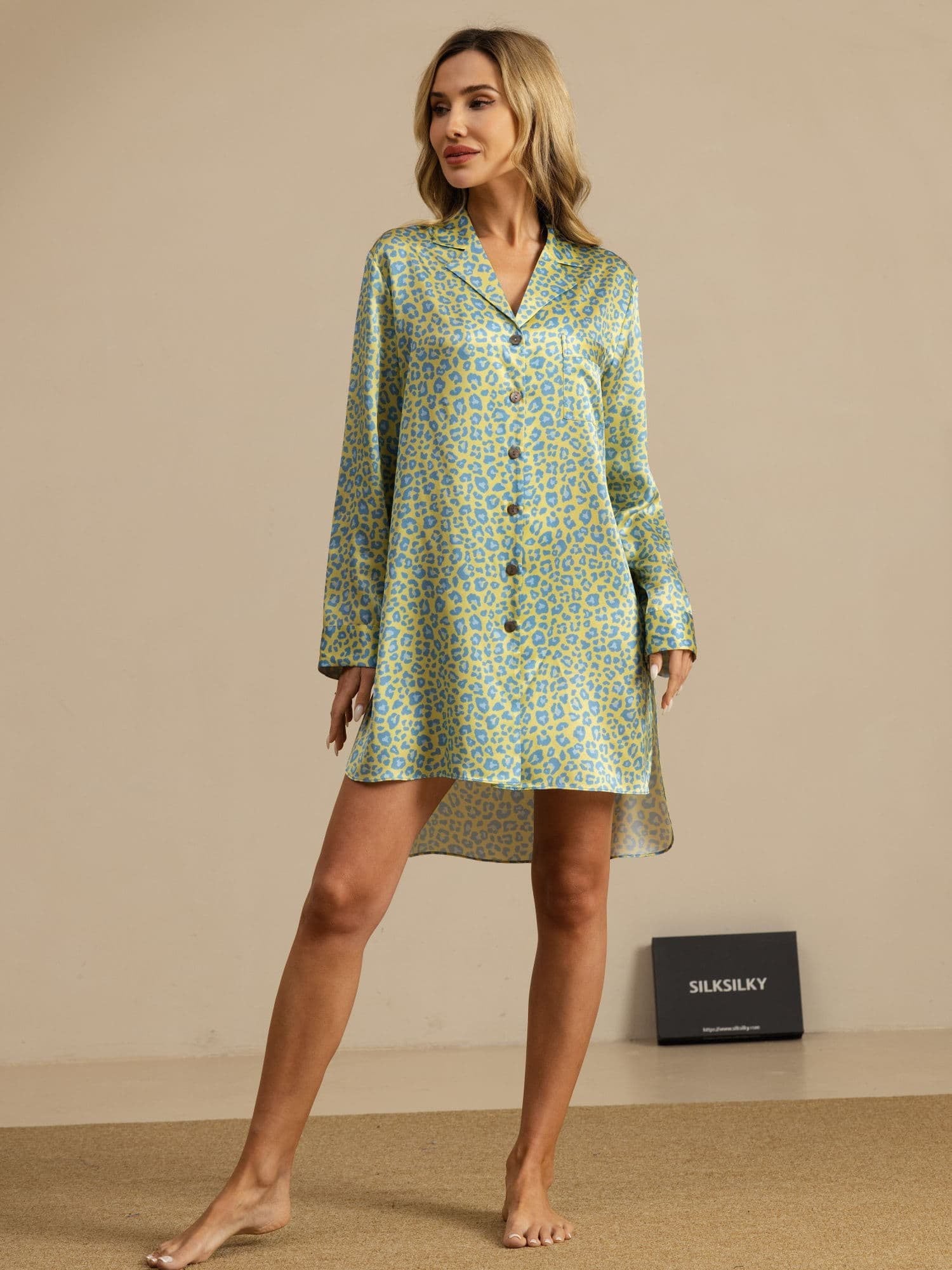[Leopardo Verde] SilkSilky-IT 19Momme Manica lunga Camicia da notte 001