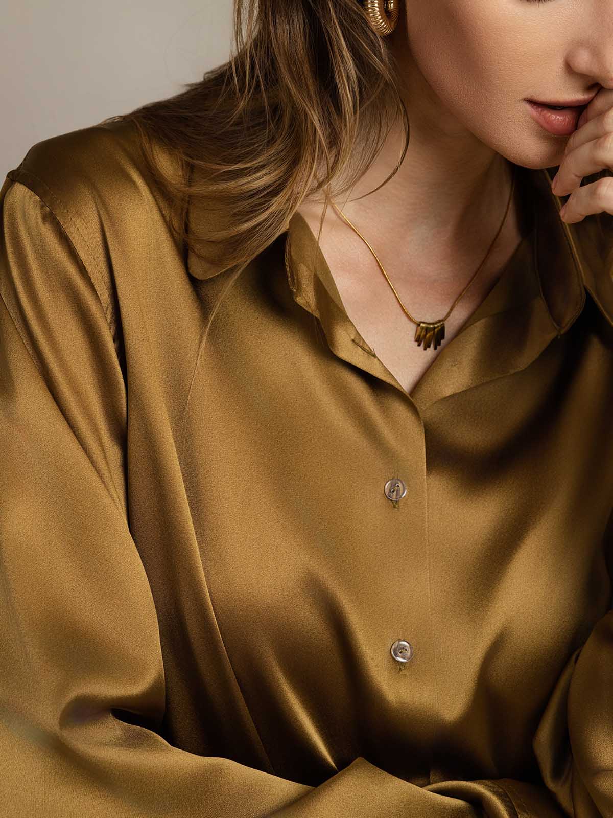 [Bronzo] SilkSilky-IT Seta Colletto risvolto Camicie da donna 005