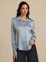 [Blu Grigiastro] SilkSilky-IT Long Sleeve Lapel Collar Camicie da donna 009