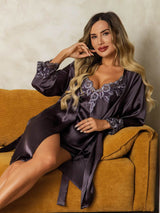 [Grigio Porpora] SilkSilky-IT Seta A tre quarti Womens Pajamas 005