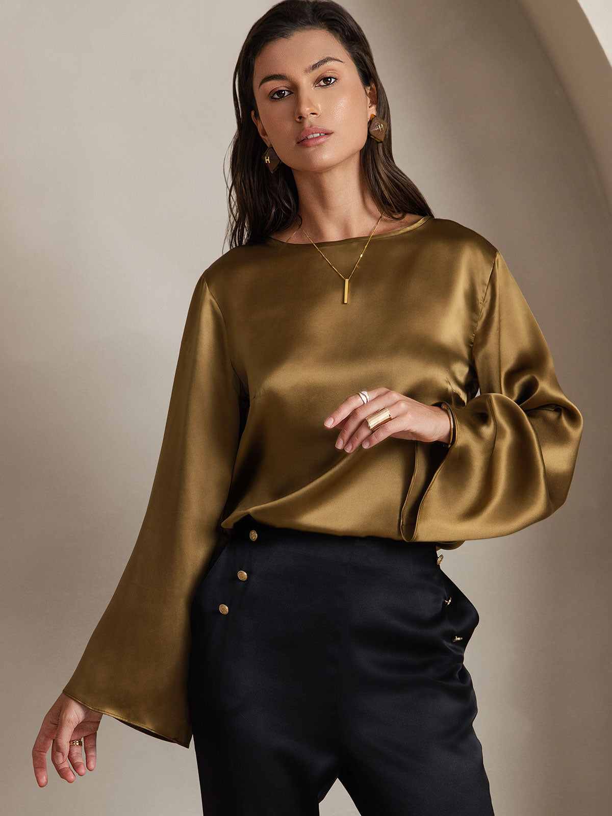 [Marrone] SilkSilky-IT 19Momme Manica lunga Scollo barchetta Camicette 001