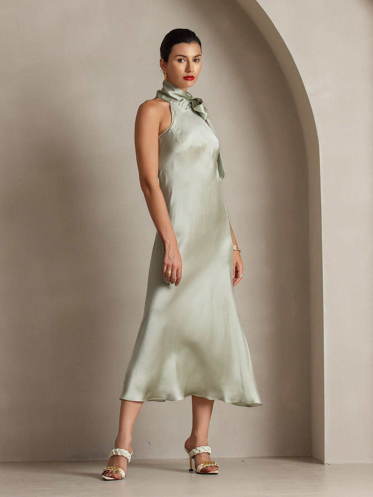 [Verde Chiaro] SilkSilky-IT 19Momme Seta Senza maniche Nodo al collo Vestiti da donna 003