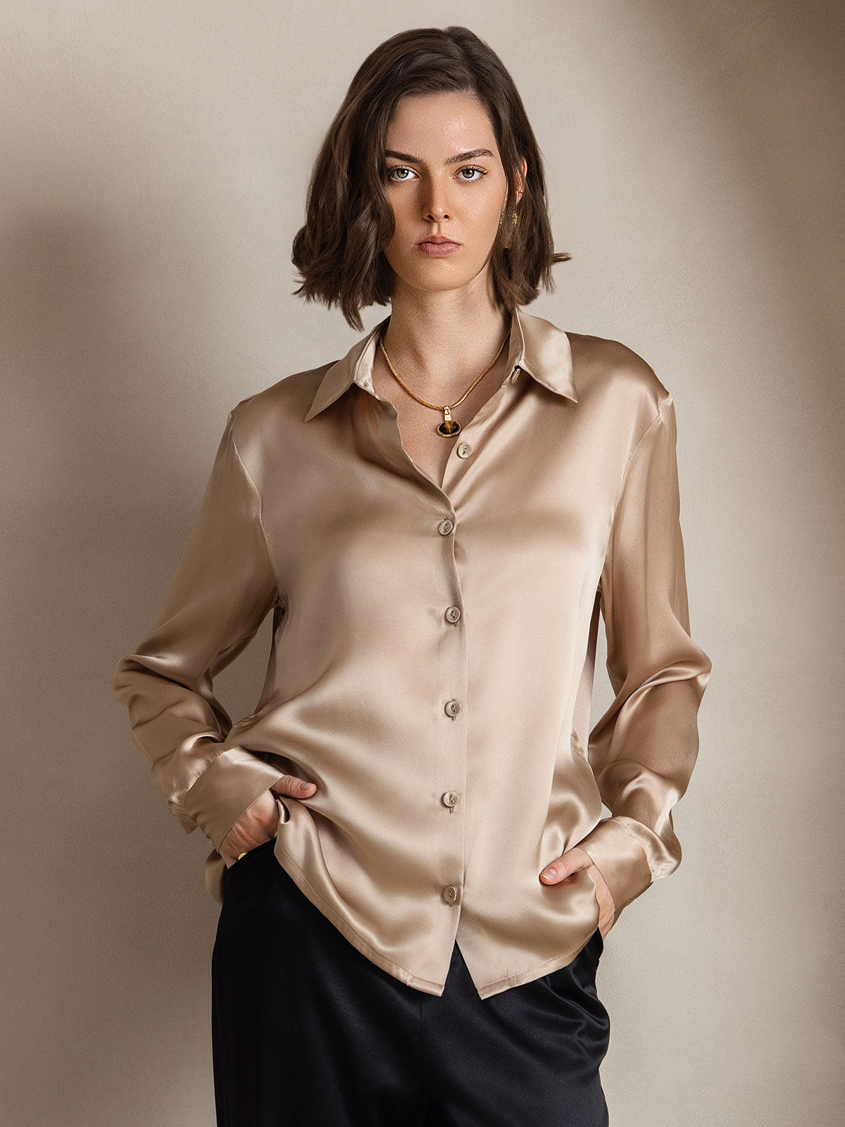 [Champagne] SilkSilky-IT Seta Colletto risvolto Camicie da donna 001