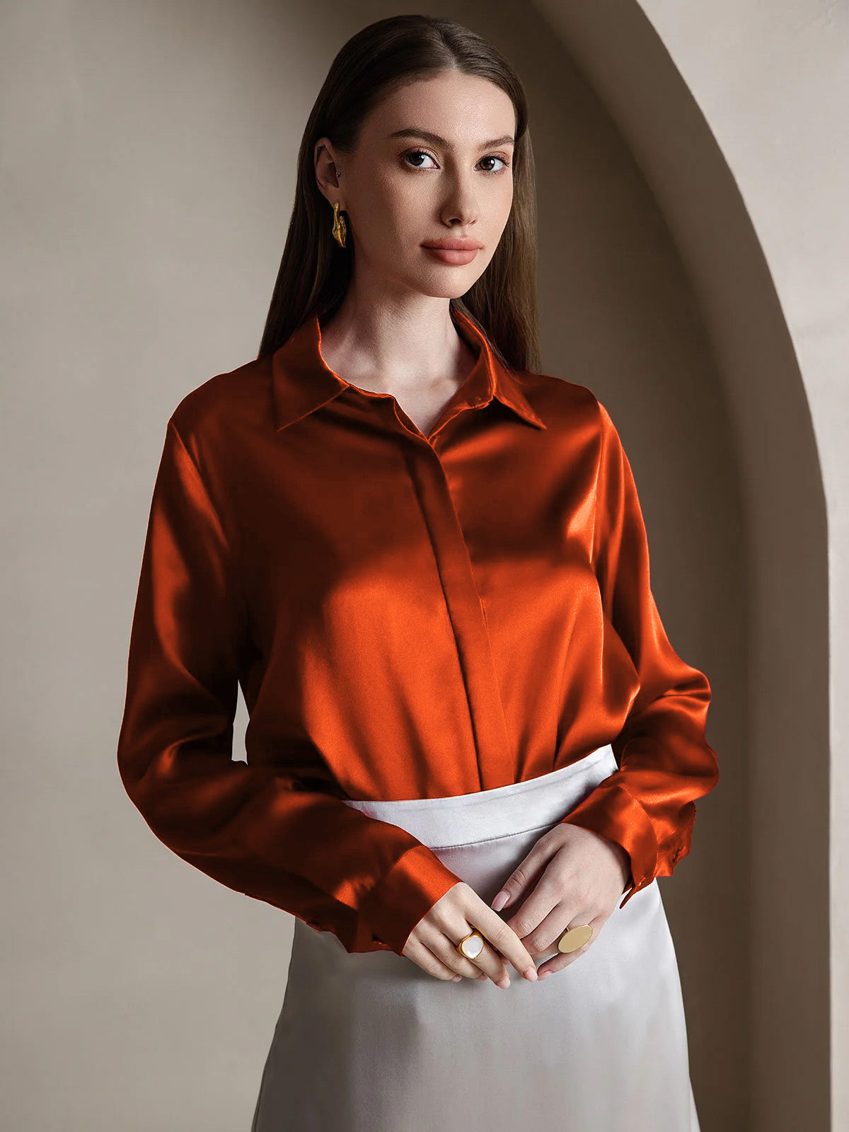 [Caramello] SilkSilky-IT 19Momme Seta Lapel Collar Camicie da donna 001