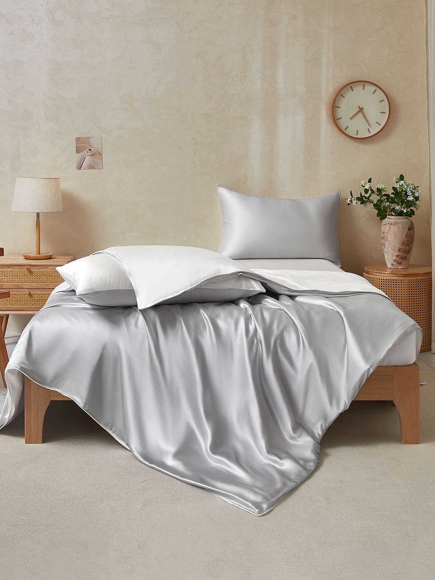 [GrigioChiaro+Bianco] SilkSilky-IT 19Momme Seta pura Bedding Set 002,