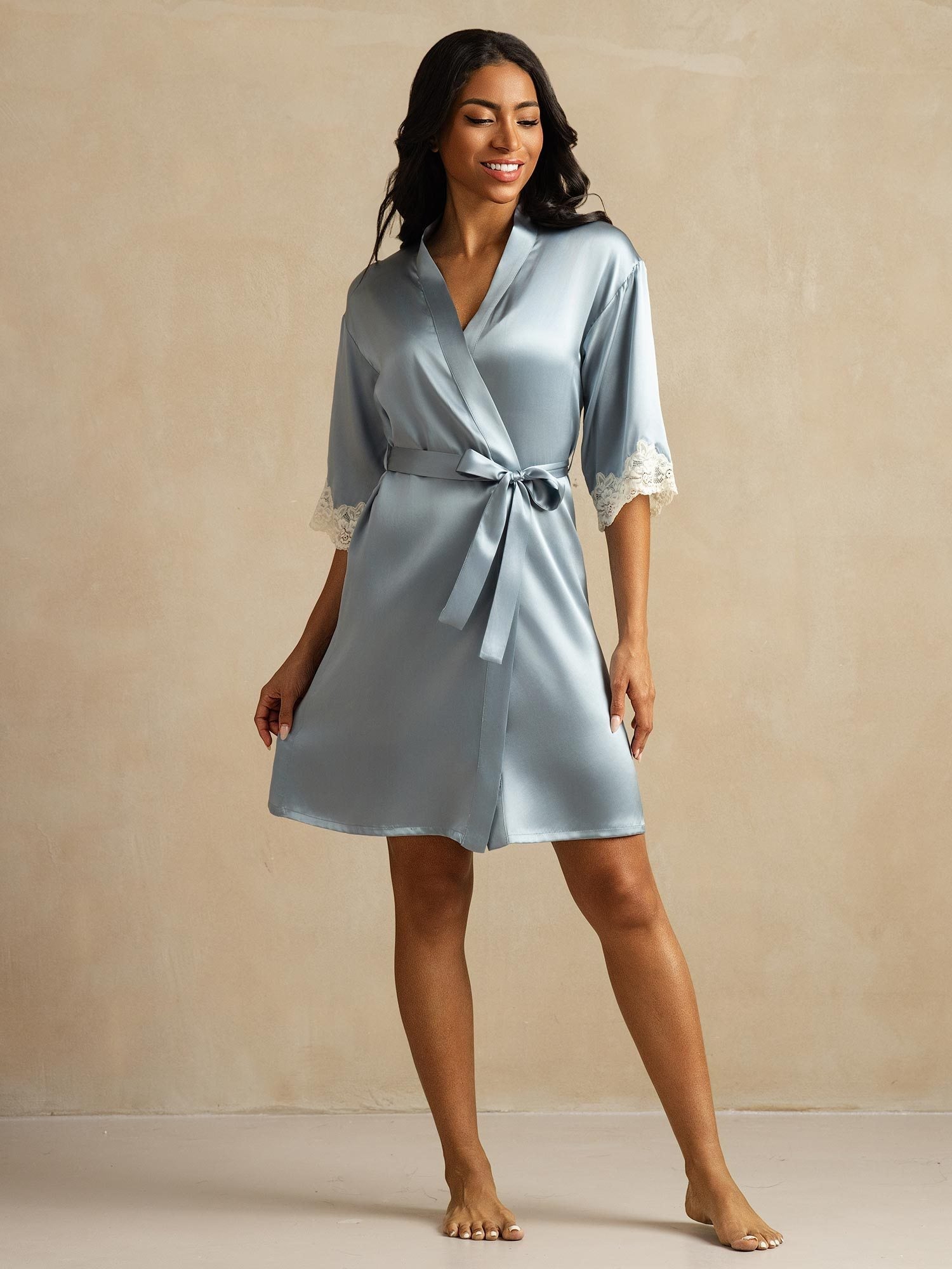 [Blu Grigiastro] SilkSilky-IT Seta pura Womens Robe 006