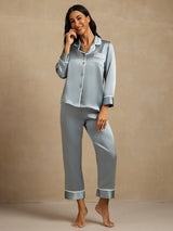 [Blu Grigiastro] SilkSilky-IT Long Sleeve Lapel Collar Pigiami da donna 006
