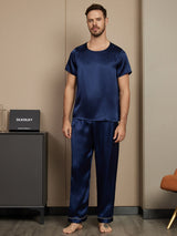 [Blu Scuro] SilkSilky-IT Seta pura Maniche Corte Round Neck Pigiami da uomo 003