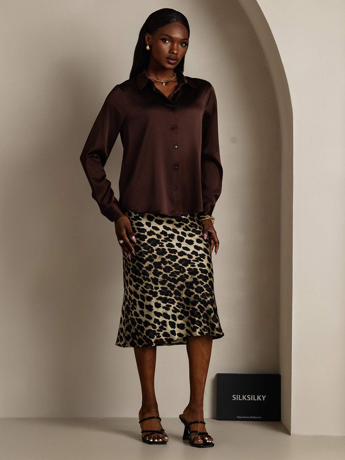 [Cioccolato Fondente] SilkSilky-IT Manica lunga Colletto risvolto Camicie da donna 007