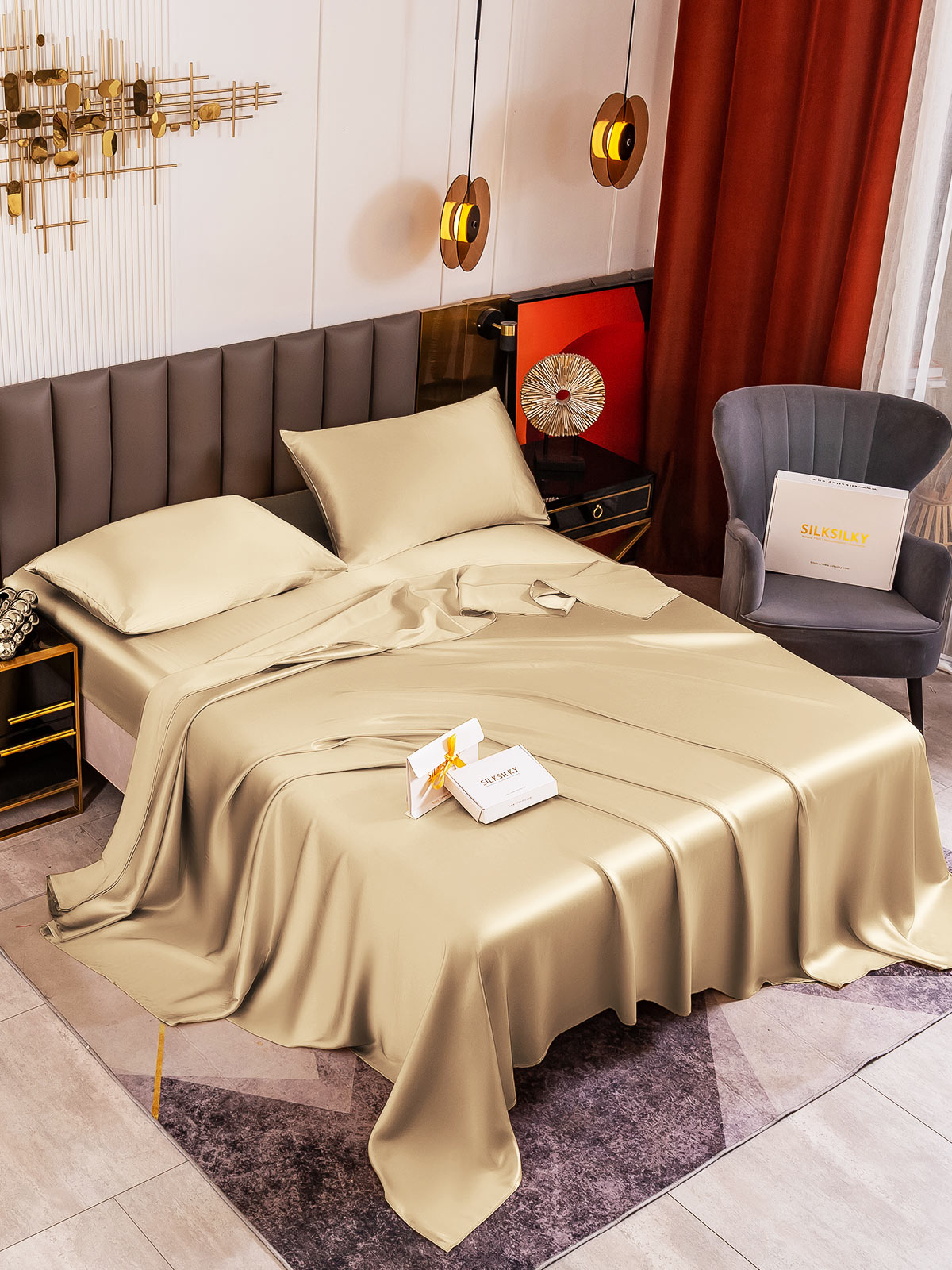 [Beige] SilkSilky-IT 19Momme Seta pura Bedding Set 001