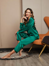 [Verde] SilkSilky-IT Long Sleeve Lapel Collar Pigiami da donna 005