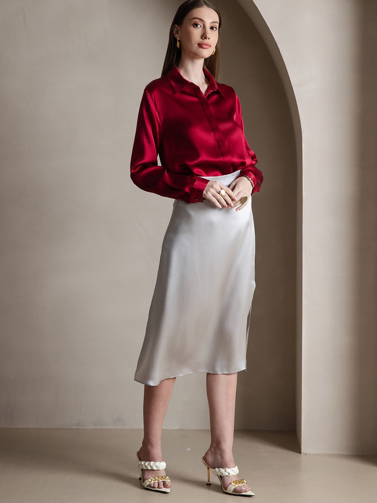 [Vino] SilkSilky-IT 19Momme Seta Manica lunga Colletto risvolto Camicie da donna 006