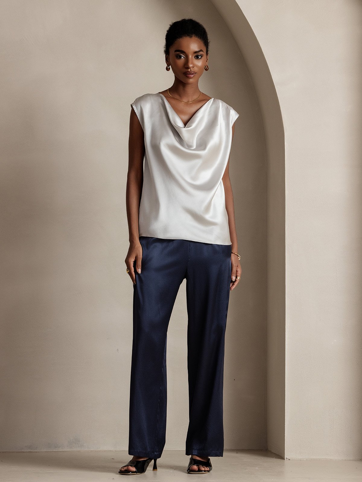 [Grigio Chiaro] SilkSilky-IT 19Momme Manica a Cuffia Collo drappeggiato Magliette donna 005