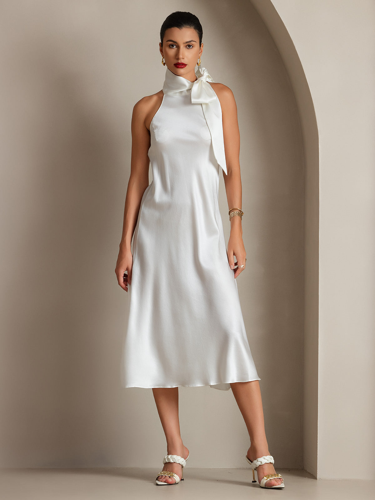 SilkSilky-IT 19Momme Seta Senza maniche Nodo al collo Vestiti da donna Bianco 008