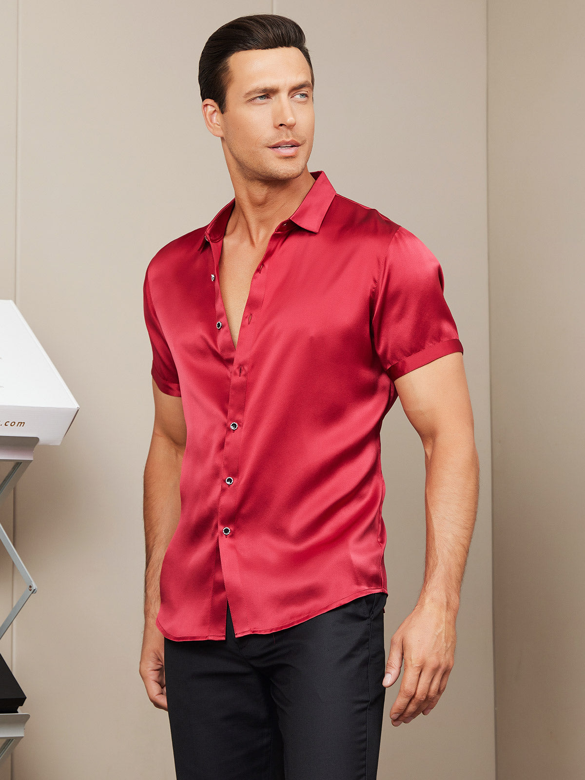 SilkSilky-IT-Seta-Maniche-Corte-Colletto-risvolto-Camicia-da-uomo-Rosso-006