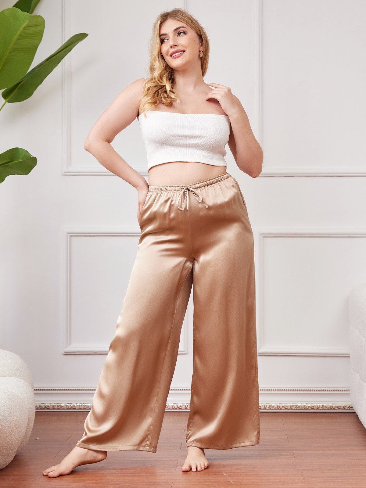 SilkSilky IT Seta pura Plus Size Womens Pants Champagne 001